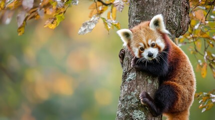 Red panda climbing a tree, showcasing its playful nature