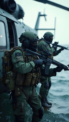 Obraz premium A group of Navy SEALs preparing for a mission, equipped with tactical gear and focused determination, showcasing the elite training and readiness of special forces.