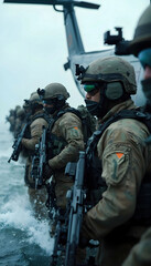 Obraz premium A group of Navy SEALs preparing for a mission, equipped with tactical gear and focused determination, showcasing the elite training and readiness of special forces.