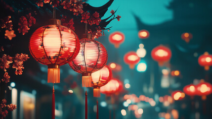 Lunar new year celebration in chinatown with vibrant red lanterns creating a festive atmosphere