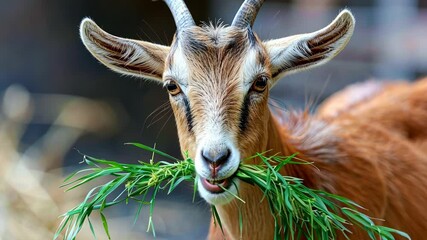 A brown goat with long ears munches on a mouthful of green grass