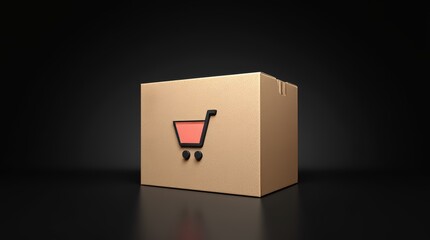 Obraz premium Delivery box featuring a shopping cart icon positioned against a dark background in a studio setting