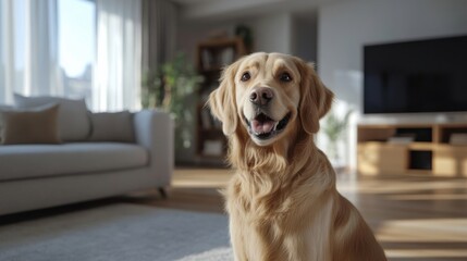 a dog sitting in a living room with a tv