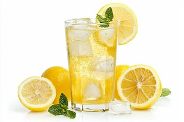 Refreshing glass of lemonade with ice cubes and a lemon slice isolated on white background