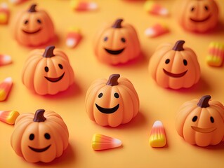 Obraz premium Whimsical Smiling Orange Pumpkins and Candy Corn: Perfect for Festive Posters or Cheerful Halloween Decor in Sports Interiors!