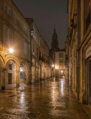 Naklejka premium Panorámica nocturna en Santiago de Compostela, Galicia
