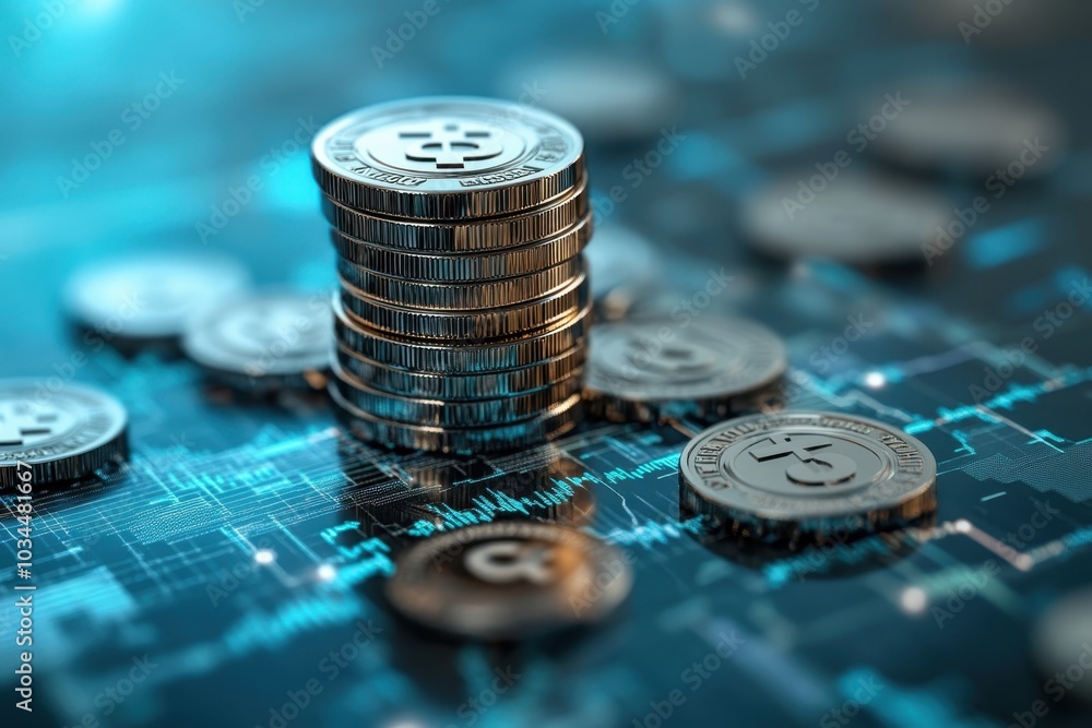 Poster a stack of metallic coins on a digital financial chart with glowing blue lines and data patterns