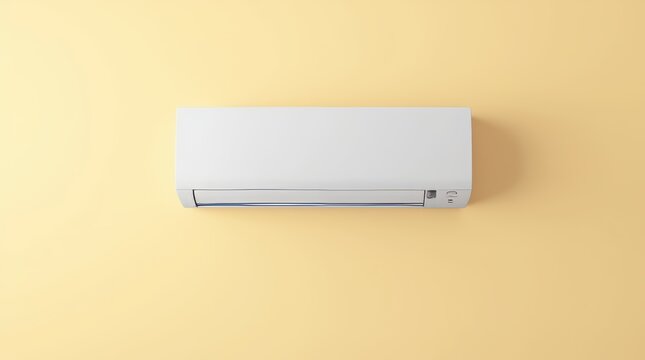 Indoor air conditioning unit mounted on a yellow wall, proactively providing cooling for comfort in warm conditions