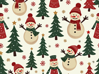 Vector pattern for fabric, paper, textiles
with festive cartoon funny
snowman in red hat of santa claus and scarf, snowflake, Christmas tree in new year style. 
2025 winter fashionable bright ornament