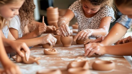 Children engaged in pottery making during a creative workshop on a sunny afternoon indoors