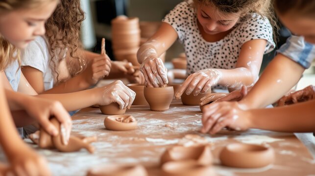 Children engaged in pottery making during a creative workshop on a sunny afternoon indoors