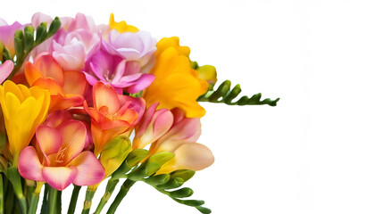 Freesia flowers bright colors with leaves pattern on side position provides copy space for text. background concept isolated white