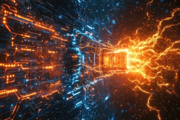 Fototapeta premium Glowing digital tunnel with vibrant orange and blue light effects in a virtual environment