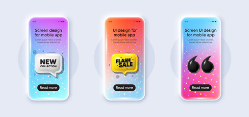Phone 3d mockup gradient screen. New collection tag. New fashion arrival sign. Advertising offer symbol. New collection phone mockup message. Flash sale chat speech bubble. Yellow text box app. Vector