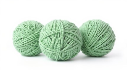 Bright green yarn balls of varying sizes arranged on a white background, showcasing vibrant color and texture for crafting projects