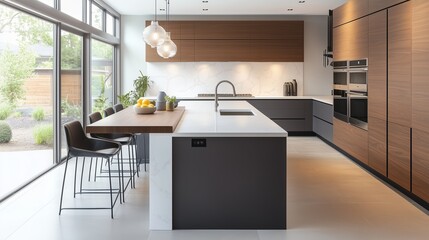 Modern kitchen with wooden cabinetry and spacious island in a contemporary home featuring large windows and natural light