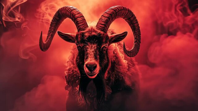 A black ram with large horns stands in front of a red, smoky background