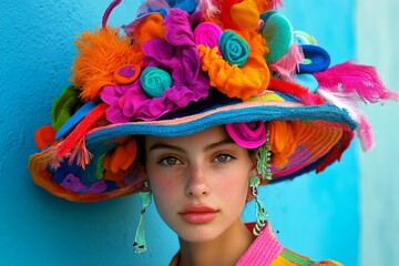 Vibrant floral hat fashion on trendy blue background