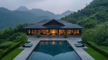 A serene modern villa sits amidst lush mountains, featuring a tranquil pool and large glass windows for scenic views.