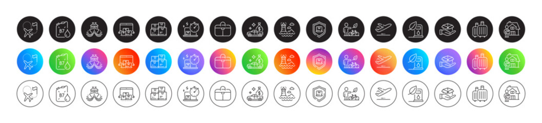 Petrol station, Package protection and Baggage line icons. Round icon gradient buttons. Pack of Delivery online, Online storage, Delivery man icon. Vector