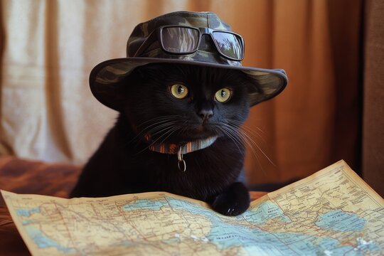 Adventurous black cat in camouflage hat studying a map