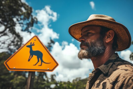 Man with hat near kangaroo crossing sign in australian outback landscape