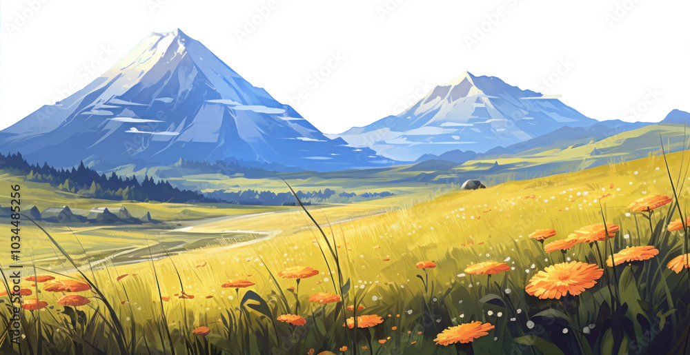 Wall mural illustration of *scenery mountain meadow*, aesthetic, beautiful, sunny --ar 3:2