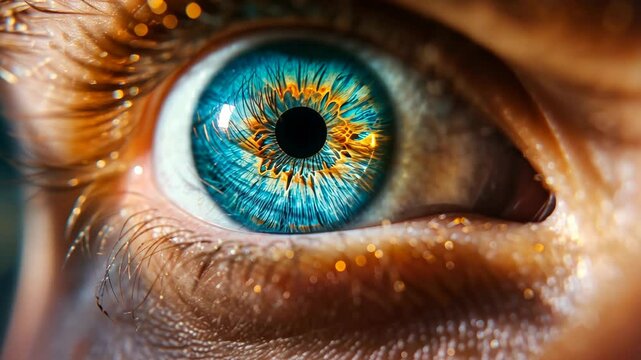 A close-up view of a human eye with bright blue iris and golden flecks