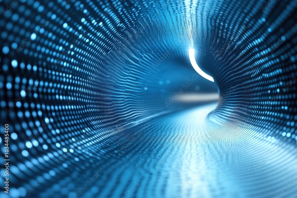 Poster illuminated tunnel of blue digital patterns with flowing light and depth perception