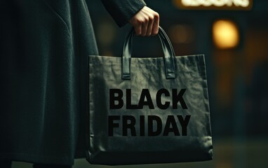 A woman carrying a black shopping bag with "Black Friday" written on it, with the focus on the text and a blurred background.