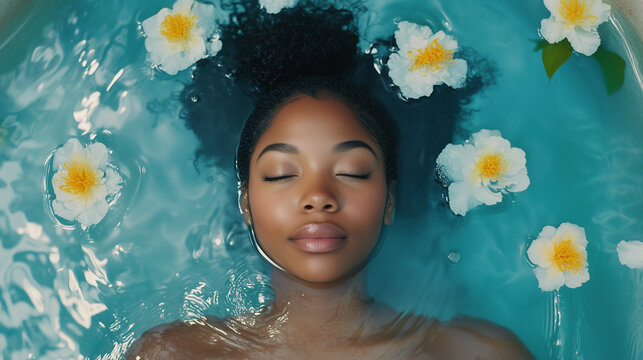 Young black lady peacefully takes a bath with her eyes closed while white flowers gently float on the water's surface