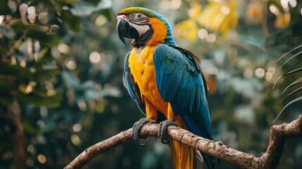 Vibrant macaw perched on a branch, showcasing its colorful feathers. Colorful bird parrot