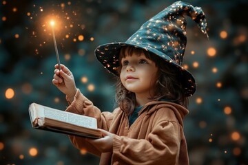 Enchanting child wizard casting a magic spell with wand and book