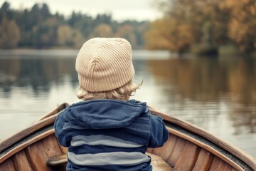 Serene autumn boat ride with child on lake surrounded by colorful trees