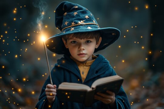 Enchanting young wizard reading spellbook in magical forest