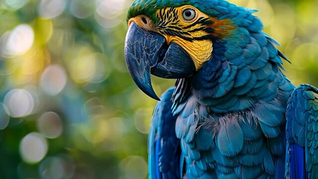 A vibrant blue macaw with a yellow face perches in a lush, green forest, its keen eyes scanning the surroundings