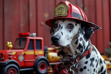 Dalmatian in firefighter hat sitting beside toy firetruck against red background