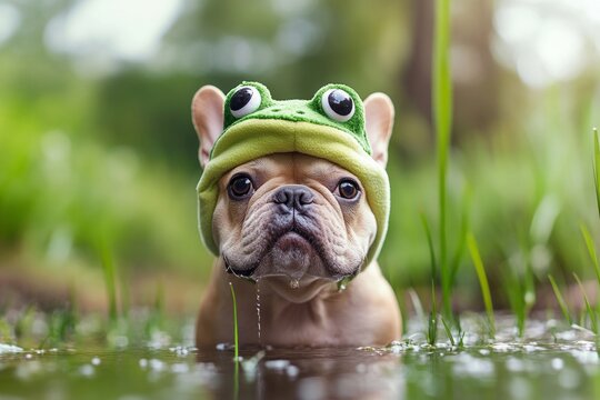 Adorable french bulldog in frog costume enjoying a playful day in the water