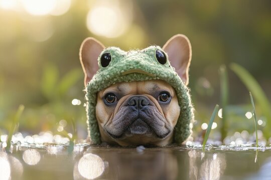 Cute french bulldog wearing adorable frog hat in sunlit outdoor setting
