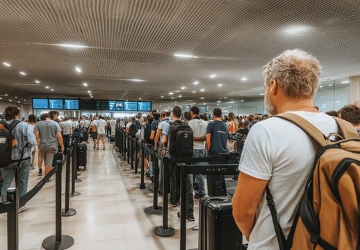 A long line of people at the airport, with black metal detectors in front of and behind them, waiting to get through the security checkpoint Generative AI