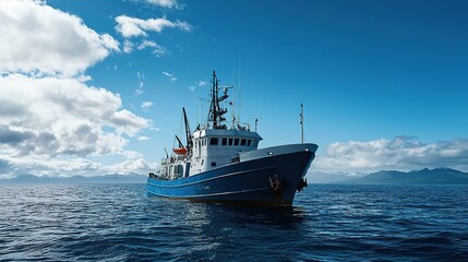 Fototapeta premium A fishing boat navigates the calm ocean under a bright blue sky, showcasing a serene maritime setting with fluffy clouds.