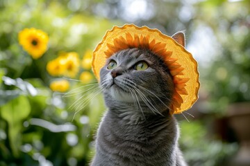 Obraz premium Cute gray cat in orange sunflower hat enjoying sunny garden vibes
