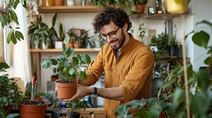 A man cares for his indoor plants while nurturing his passion for gardening in a sunlit, green-filled room
