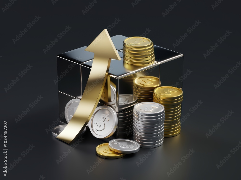 Poster a render of a dark reflective cube with stacks of coins and an upward arrow symbolizing growth