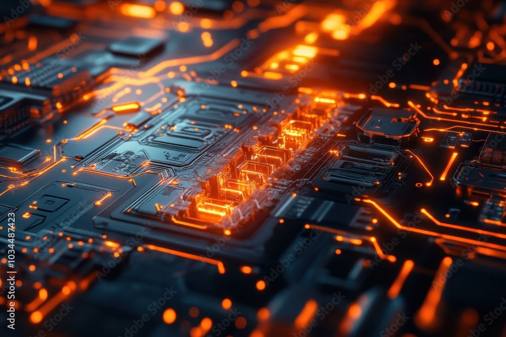 Poster Exploring intricate circuitry on a microchip under glowing orange lights in a futuristic setting