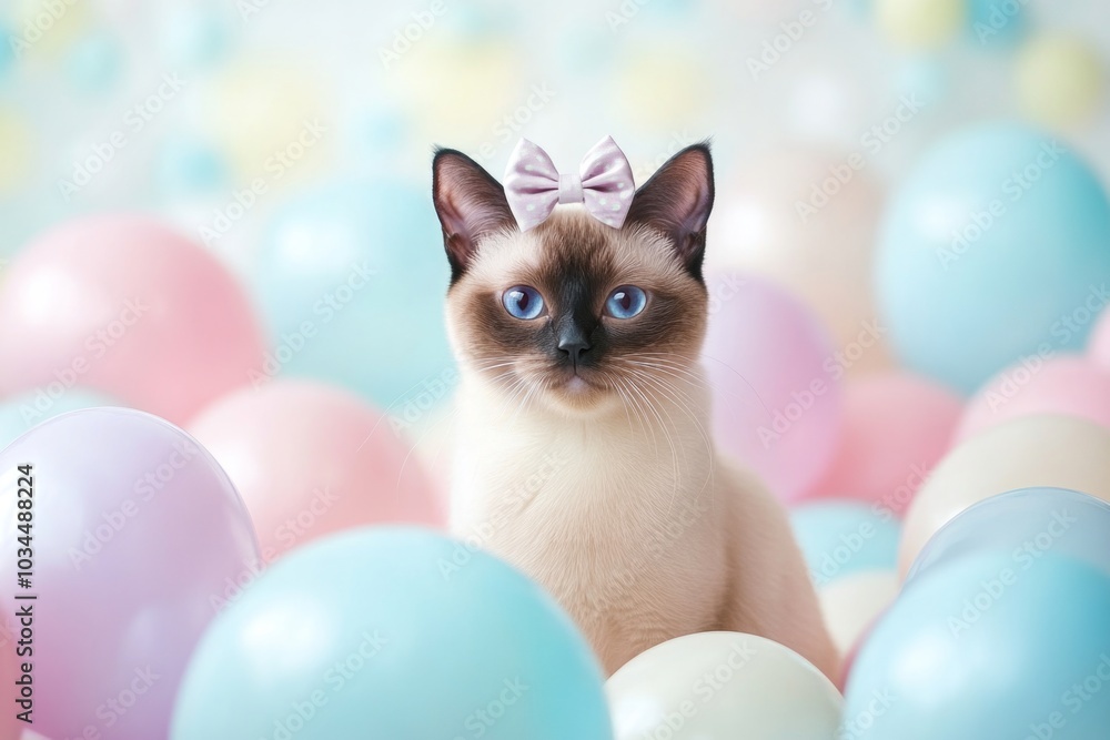 Wall mural siamese cat with pink bow among colorful balloons