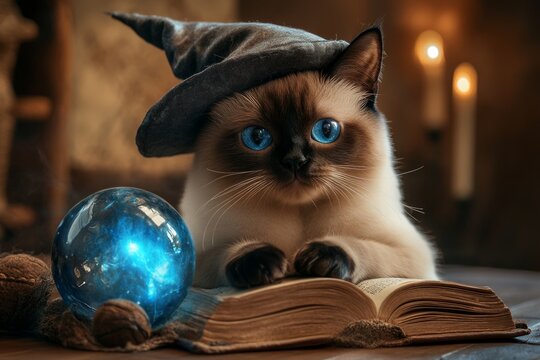 Enchanted cat with wizard hat and mystic orb in magical setting