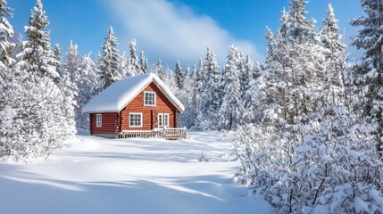 Winter wonderland scene with snow-laden branches and a cozy cabin. Wooden hut in a snowy forest