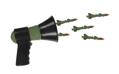 Abstract photo megaphone attack rockets missiles military war rhetoric speech of hate combat conflict isolated on white background. Enemy talk concept idea
