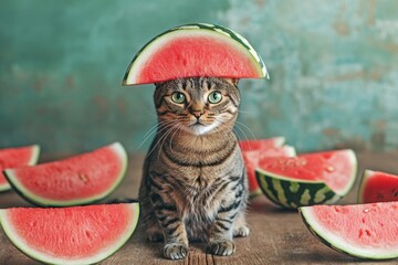 Cute cat with watermelon hat surrounded by sliced watermelons in quirky summer scene